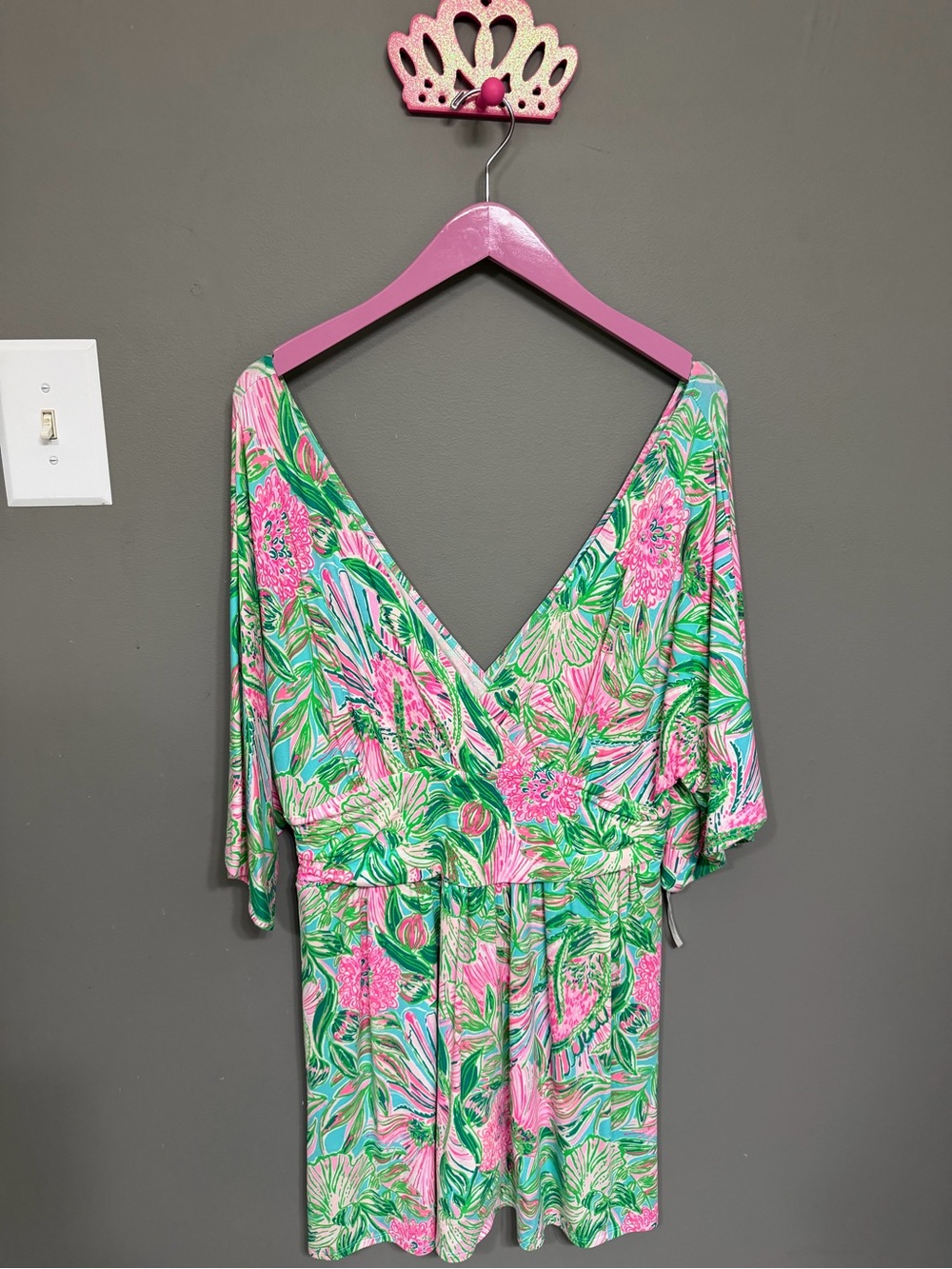 Lilly Pulitzer Pink & Green Tropical Print Romper